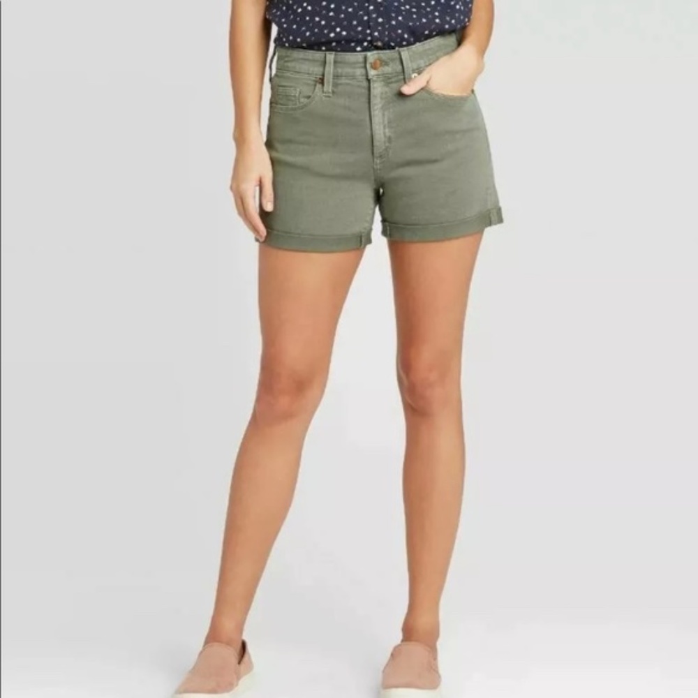 High Rise Midi Jean Shorts - Olive Green